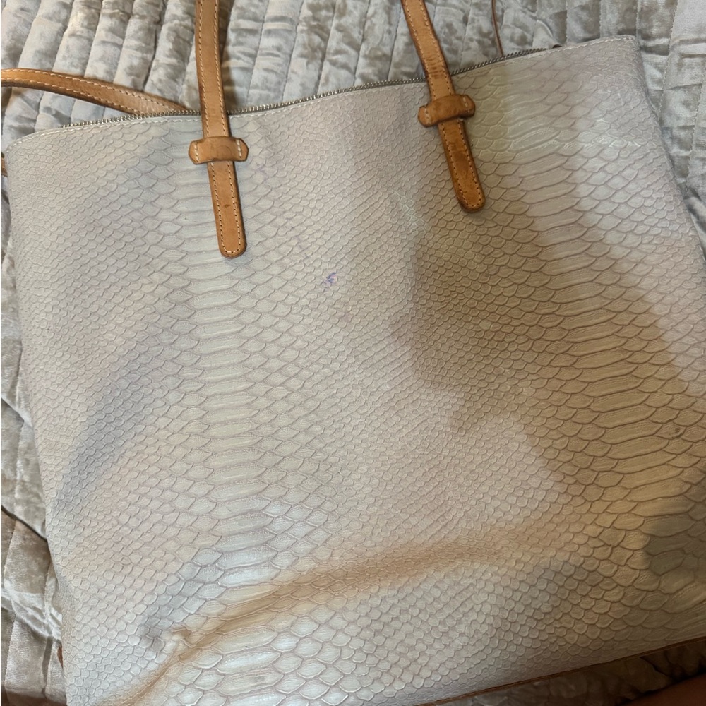 Consuela Market Tote Cream Python-Embossed Tote with Tan Straps